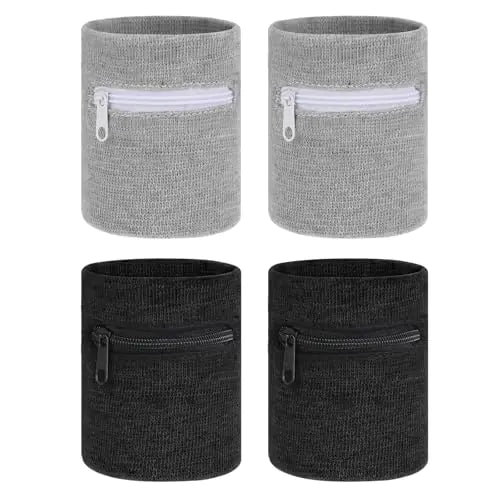 4Pcs Wrist Wallet for Men Wrist Sweat Bands with Zipper Wristband Pocket Sports Absorb Sweat Wristbands for Women Running Hiking Workout Key Holder for Gym Sports Running Walking Hiking Travel
