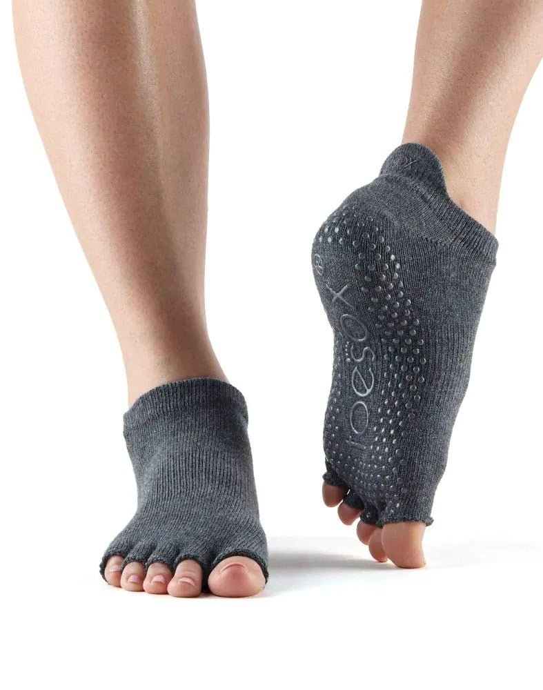 toesox Womens Low Rise Half Toe Grip Non-Slip for Ballet Yoga Pilates Barre Toe Socks Large Charcoal Grey