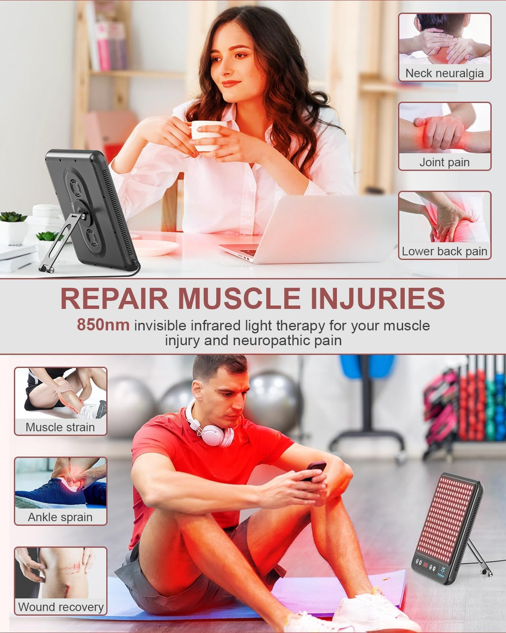 Red Light Therapy Panel, 225 Dual-Chip Leds with 660Nm Red & 850Nm near Infrared Light for Face, Skin, Sleep, Body Relaxation, Portable Therapy Panel with Stand & Timer